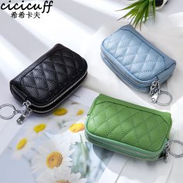 Purses Women Genuine Leather Coin Purse with Double Zipper Luxury Diamond Lattice Design Keychain Short Small Card Holder Change Wallet