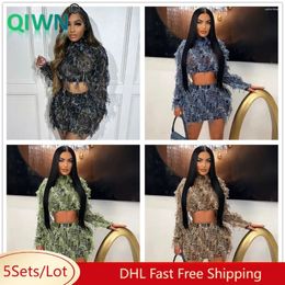 Work Dresses 5Sets Bulk Wholesale Lots Dress Set Women Sexy See Through Patchwork Tassel Elastic Crop Tops Skinny Skirts 2 Piece Clubwear