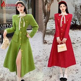 Casual Dresses 2024 Autumn/Winter Christmas Theme Elegant Temperament Tweed Dress Women Luxury O-Neck Single Breasting A- Line Midi Woollen