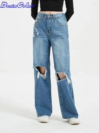 Women's Jeans Denimcolab Hole High Waist Fashion Ripped Cotton Denim Wide Leg Pants Ladies Streetwear Loose Trousers