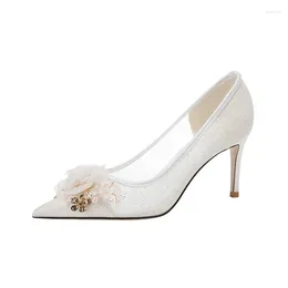 Dress Shoes Size 33-41 Wedding Women 2024 White Bride Lace Mesh Flower 8cm High Heels Bridesmaid Pumps