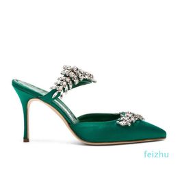 Shoes Fashion Pumps Lurum Green Satin Crystal Embellished Mules Wedding Party 90mm Heel Jewel Leaf2059415