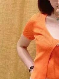 Women's Knits 2024 Spring Summer Short Sleeve Women V-Neck Cardigan Or Sling Tank Top Orange Knit Set For Female