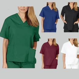 Short Sleeve Solid Nurse Uniform VNeck Beauty Salon Overalls Women Patchwork Pocket Scrub Tops 240418