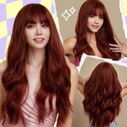 human curly wigs Wig Womens Long Hair Troupe Daily Qi Liu Hai Wang Red Wine Red Woven Chemical Fibre Hair Simulation Full Head Cover Style