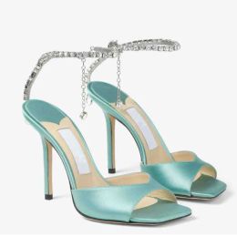 Designer High Heel Saeda Sandals Sexy Heels Crystal Chain Ankle Strap Satin Leather Square Open Toe Lady Wedding Party Dress with box