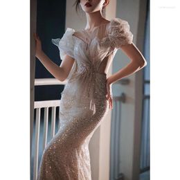Party Dresses Bling Champagne Mermaid Evening Luxury Beading Sequins Hollow Out Prom Formal Dress For Women Wedding Gown