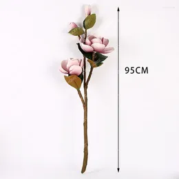 Decorative Flowers 95cm Long Pole 4 PU Magnolia Flower Artificial For Home Wedding El Restaurant Office Decoration Fake Plants DIY