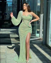Party Dresses Mint Green Sequins Celebrity Haute Coutures One Shoulder Split Side Women Evening Dress For Weddings Beaded Gowns