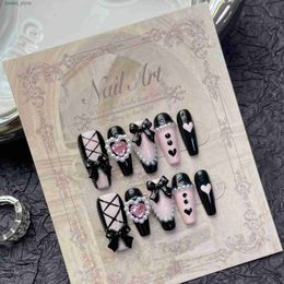 False Nails 10pcs Handmade Y2k black Press On Nails Pink Heart Design Reusable Fake Nails Artificial Manicure Wearable False Nails For Girls Y240419