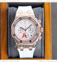 ZYF 37mm Oak 26231 Quartz Chronograph Womens Watch White Texture Dial Date Stopwatch Diamond Bezel Rose Gold Case Pink Rubber Stra7279184