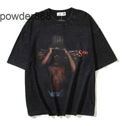24ss American Street New Product Half Sleeved Portrait Printed Washed Old Loose Breathable Short Sleeved T-shirt