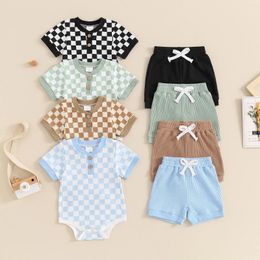 Clothing Sets Summer Infant Baby Boys 2pcs Bodysuits Suit Fashion Checkerboard Buttons Short Sleeve Romper Shorts Kids Clothes Set