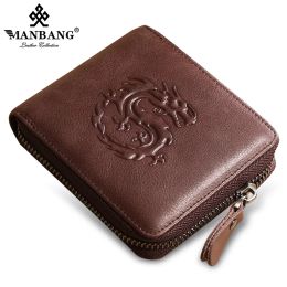 Wallets Mang New Genuine Leather Men Wallet Coin Purse Small Mini Card Holder Chain Male Wallet Pocket Chinese Elements High Quality