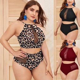 Women's Swimwear 2024 Large Size Sexy Bikini Leopard Print Split Mesh Gauze Product Stitching High Waist Briefs Fat Lady Female Swimsuit