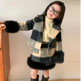 Clothing Sets Korean Version 2024 Girls' Two-piece Winter Small And Medium-sized Children's Plaid Fabric Jacket Skirt Set