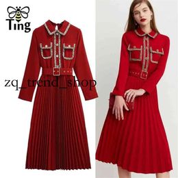 VINTAGE Elegent Turn Down Collar Pleated Dress Midi Retro CC Look Casual Com Belt Spring Autumn vestidos vestidos 7 91