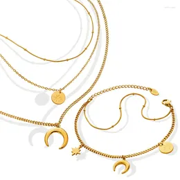 Chains Women Gold Color 3 Layers Star Moon Sun Necklace Bracelet Set Stainless Steel Clavicle Chain Luxury Quality Designer Jewelry