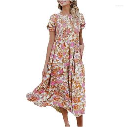 Stage Wear Summer Mticolor Flower Bubble Sleeves Round Neck Pleated Flowering Ruffle Edge Dress For Women Drop Delivery Apparel Otual