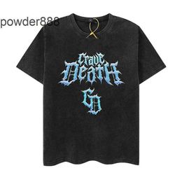 2024 High Street Trendy Half Sleeved Sanskrit Letter Laser Printing Used Wash Hip Hop Short Sleeve T-shirt