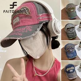 Pink Baseball Hat Korean Y2K Girl Peaked Cap Hip Hop Holes Letter Duck Tongue Cap Women Long Brim Visors Cotton Casual Bonnet 240419