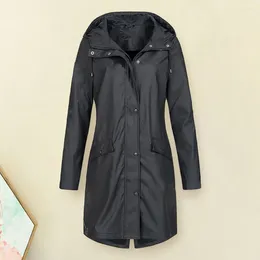 Women's Jackets Women Mid-length Jacket Stylish Hooded Trench Coat Chic Solid Color Windbreaker With Drawstring Buttons For Autumn
