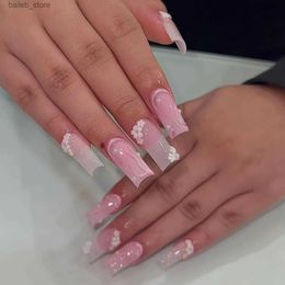 False Nails Glitter Pink Press on Nails Long Coffin Ballerina False Nails Wearable French Fake Nails with Heart-shaped for women in summer Y240419