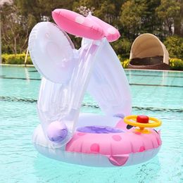 Baby Swimming Float Ring With Roof Inflatable Double Raft Rings Toy Floating Cartoon Steering Wheel Kids Swim Pool Accessories 240407