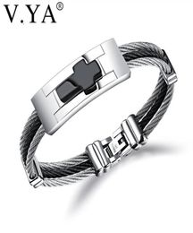 Charm Bracelets VYA 3 Rows Wire Chain Cuff Cross Stainless Steel Men Punk DIY Custom Engrave Man Jewelries Black Silver Color Ban4361981