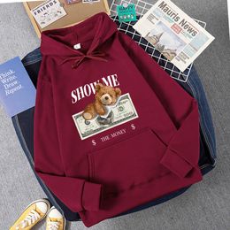 Show me Teddy Bear Money Girl Cute Printing Hoody Women Cartoon Comfortable Hoodies New Fleece Streetwear Casual Female Pullovers