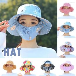 Berets Floral Print Sun Hat Mask Integrated Summer Breathable Face Cover Dust Ultraviolet Beach Outdoor Riding Tea Wide-brimmed Visor