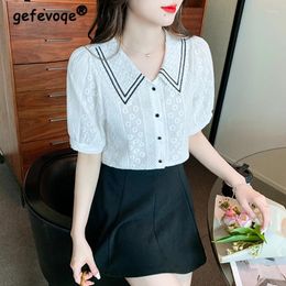 Women's Blouses Women Korean Fashion Lace Sweet Button Up Shirt 2024 Summer Elegant Contrast Colour Blouse Vintage Short Sleeve Tops Chic