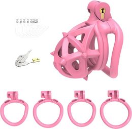 Ventilation CB Chastity Cage Set with 4 Cock Rings and Double Ended Soft Spikes 3D Print Resin Penis Lock Adult Sex Toys BDSM Trainer Devices for Men (Short-Arc Ring,Pink)