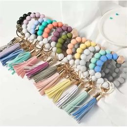 Colors Wooden Tassel 14 Bead String Bracelet Chain Food Grade Silicone Beads Bracelets Women Girl Key Ring Wrist Strap P0801 s s