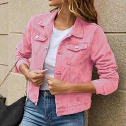 Women's Jackets Female Short Denim Woman Clothing Basic Solid Button Down Coats Over Autumn Turn Collar Long Sleeved