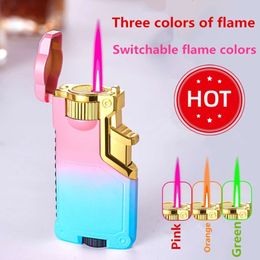 Metal Gradient Flame Switch Cool Windproof Flashlight Creative Three Flame Butane Lighter Smoking Accessories Small Tool