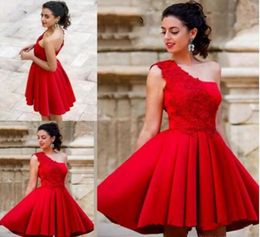 New Red Mini Short A Line Homecoming Dresses One Shoulder Applique Lace Cocktail Party Gowns Sweet Mini Prom Dress6125485
