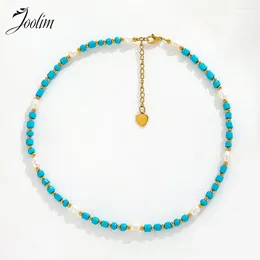 Chains Joolim Jewellery Wholesale Beach Vintage Spliced Blue Turquoise Freshwater Pearl Sweater Chain Stainless Steel Necklace For Women