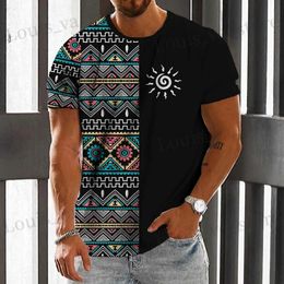 Men's T-Shirts Vintage Mens T-shirt Ethnic Print Casual Short Slve Summer Round Neck Strtwear Male Loose Sweatshirt Breathable Men Clothes T240419