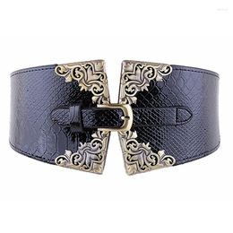 Belts Lady Women Elastic Waistband Wide Waist Belt Retro Metal Buckle Faux Leather Red Brown