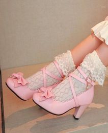 Dress Shoes 2021 Lolita Kawaii High Heels Cross Strap Woman Pumps Cute Bow Block Heel Ladies School Girls Cosplay17233172