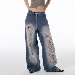 Women's Jeans Street Bandage Ripped Women Baggy American Style Frayed Holes Burr Edge Design Wide Leg Destroyed 90s Retro Pants Trousers