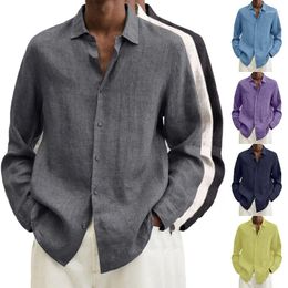 Men's Casual Shirts 2024 Spring Men Linen Loose Solid Long Sleeve Turn-Down Collar Button Retro Shirt Autumn Male Blouse Handsome Tops M-5XL