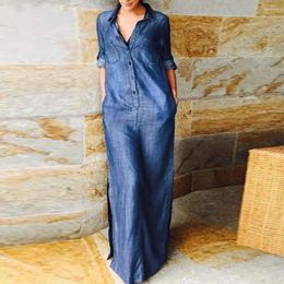 Casual Dresses Work Denim Dress Bohemian Maxi With Turn-down Collar Split Hem For Fall Spring Women's Fashion In Plus Size Women