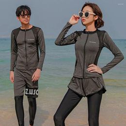 Women's Swimwear Couple Swimsuit Unisex Long Sleeve Set With Zipper Closure Top Knee Length Shorts For Surfing Diving