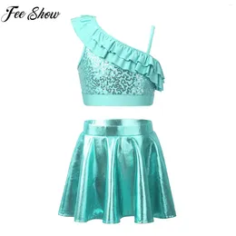 Clothing Sets Kids Girls Dance Outfit Performance Costume Two-Piece Teens Dancewear Sleeveless Sequin Crop Top With Metallic Skorts Skirt