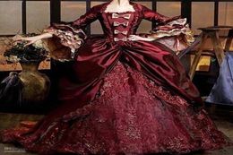 Vestidos de 16 Anos Burgundy Puffy Quinceanera Dresses Vintage 34 Sleeve Bow Lace Formal Dresses 2019 Debutante Masquerade Dress 5625423