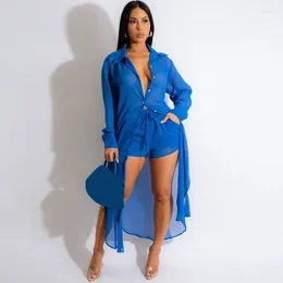 Women's Tracksuits KEXU Sheer Chiffon Two Piece Set For Women Summer 2024 Long Sleeve Side Split Shirt Top And Shorts Sets 2 Outfits