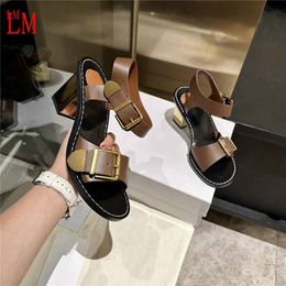 Luxury designer Camel Tan Leather T-Strap Open Toe Sandals Heels Sandals Exotic Mix slide Slippers Shoes With Box