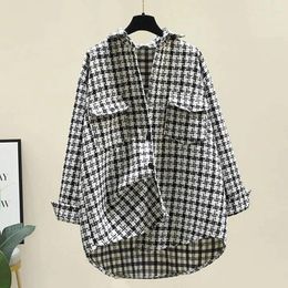 Women's Blouses Woollen Plaid Thickened Shirt Coat Spring And Autumn Korean Style Loose Plus Size Elegant Mid-length Casual Top